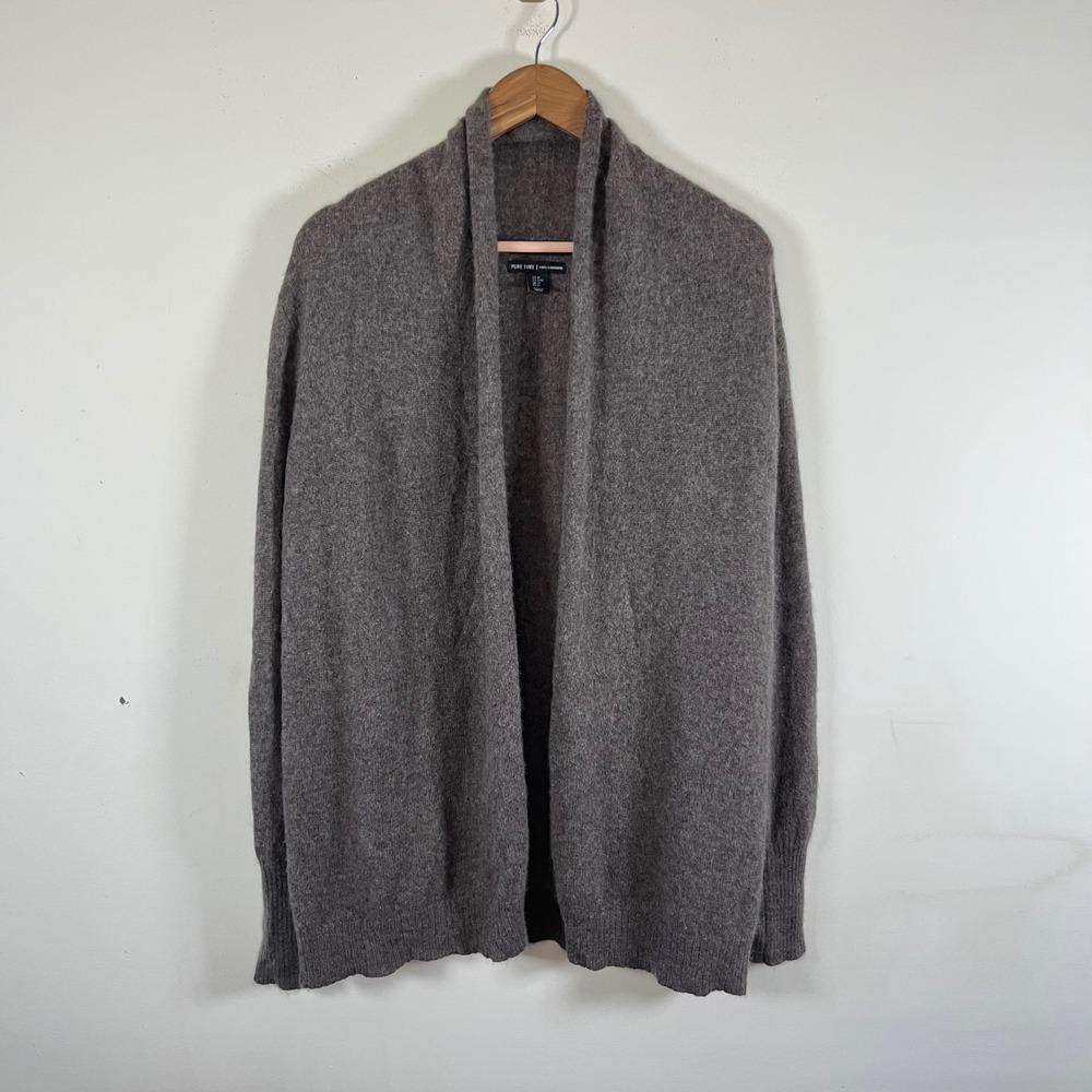Tahari Pure Luxe 100% Cashmere Open Front Knit Cardigan Sweater Brown Medium